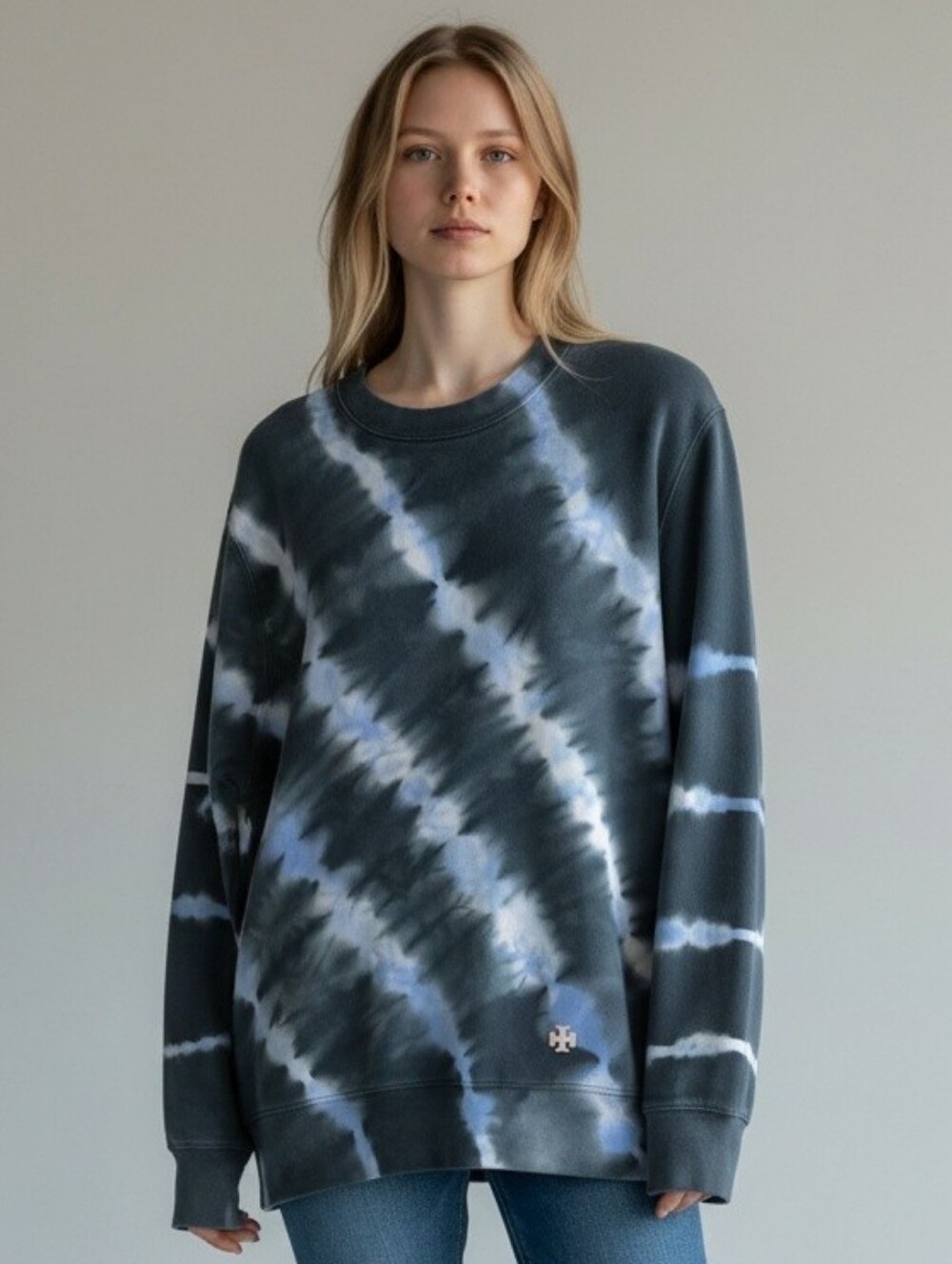 Tory Sport Cotton Tie-Dye Crewneck Unisex Sweatshirt - Navy/Light Blue/White